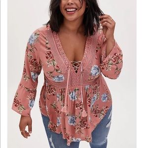 Torrid Dusty Coral Floral Crochet Babydoll Top